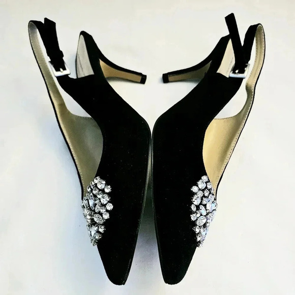 Adrienne Vittadini  Fine Leather Rinestone Black Suede Back Buckle Heel Shoe sz7 - Picture 4 of 11